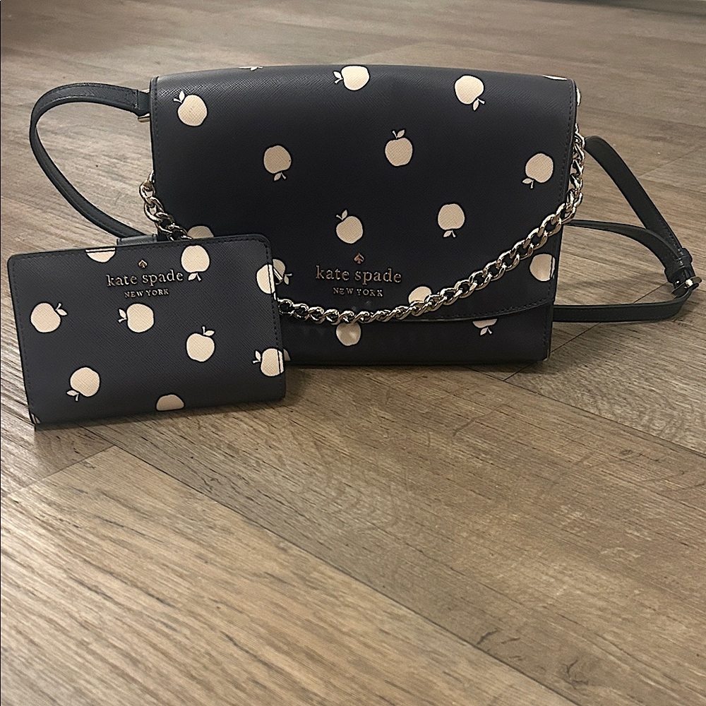 Kate Spade Navy and White Apple Design Crossbody Bag with Matching Wallet